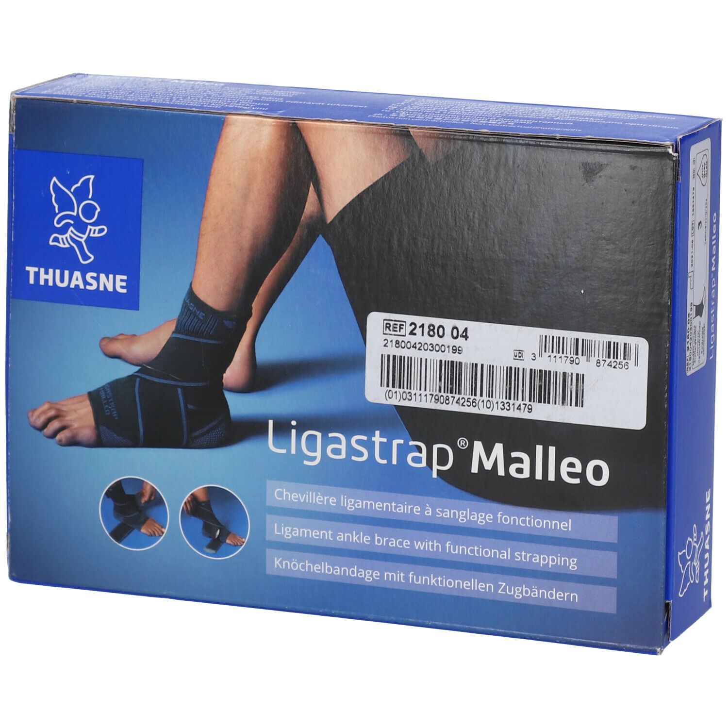 Verpakking met enkelbrace. Opschrift: Thuasne, Ligastrap Malleo. Afbeelding van een voet met brace.