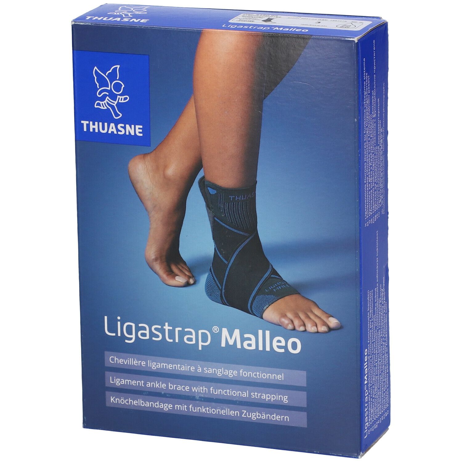Verpakking met enkelbrace. Opschrift: Thuasne, Ligastrap Malleo. Afbeelding van een voet met brace.