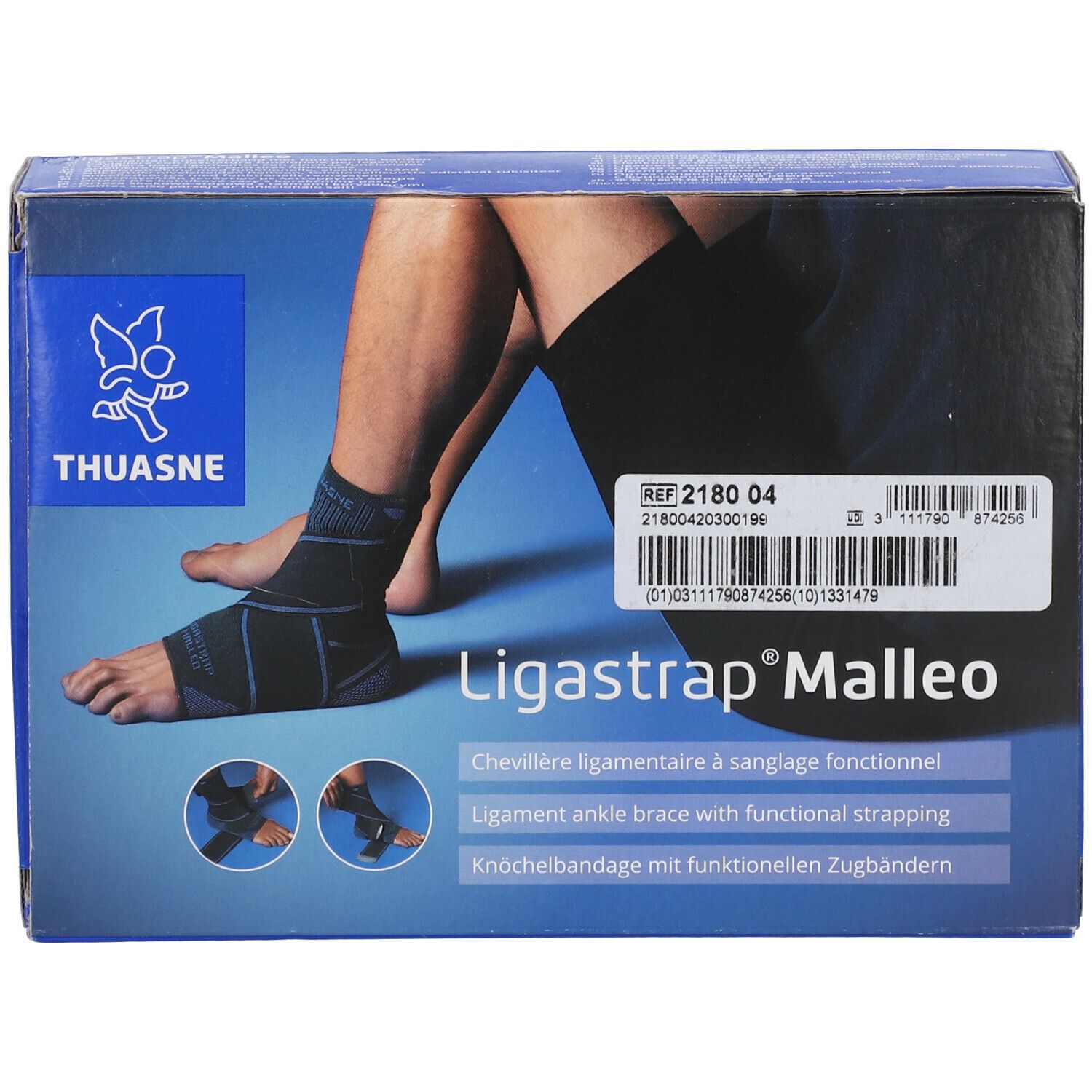 Verpakking met enkelbrace. Opschrift: Thuasne, Ligastrap Malleo. Afbeelding van een voet met brace.