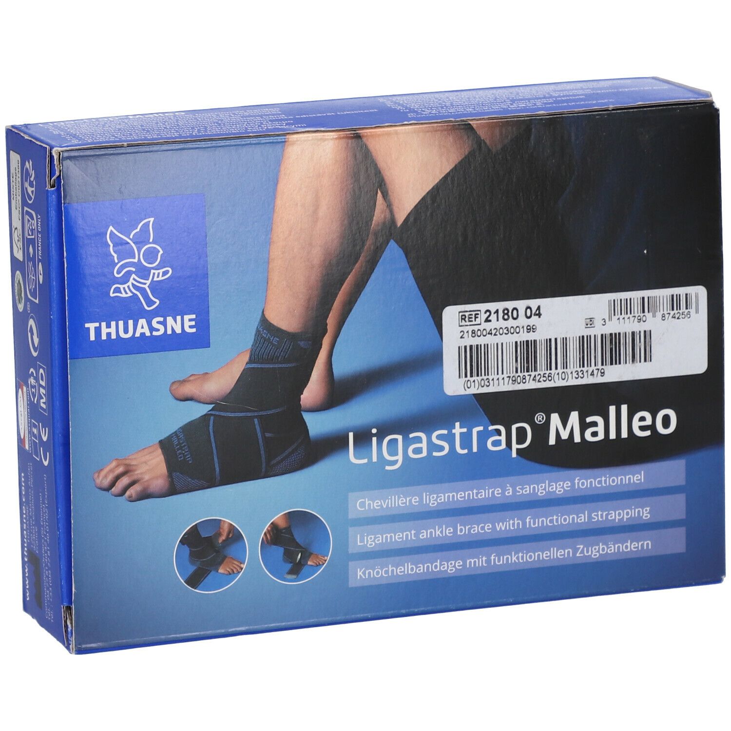 Verpakking met enkelbrace. Opschrift: Thuasne, Ligastrap Malleo. Afbeelding van een voet met brace.