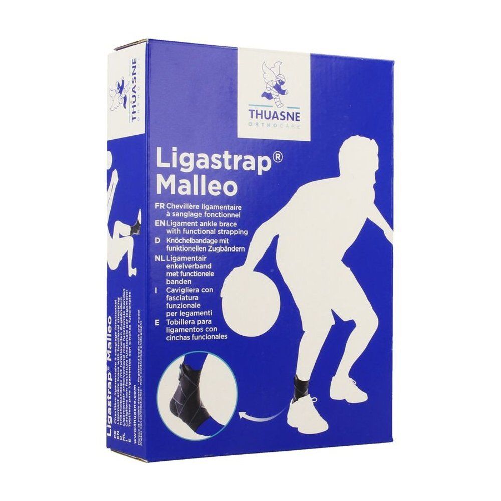Blauwe doos. Thuasne Ligastrap Malleo. Enkelbrace met functionele band. Maat 4. Productafbeelding.