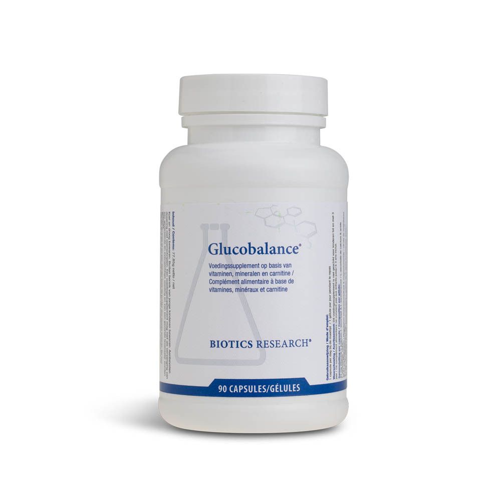 Witte fles met Glucobalance-label. Opschrift: Biotics Research, 90 capsules. Dop met zegel.