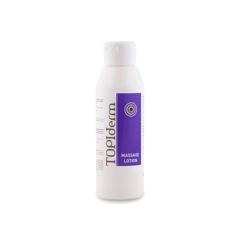 Witte fles met TOPIderm Massage Lotion etiket. Paarse strook met productnaam en logo. Op witte achtergrond.