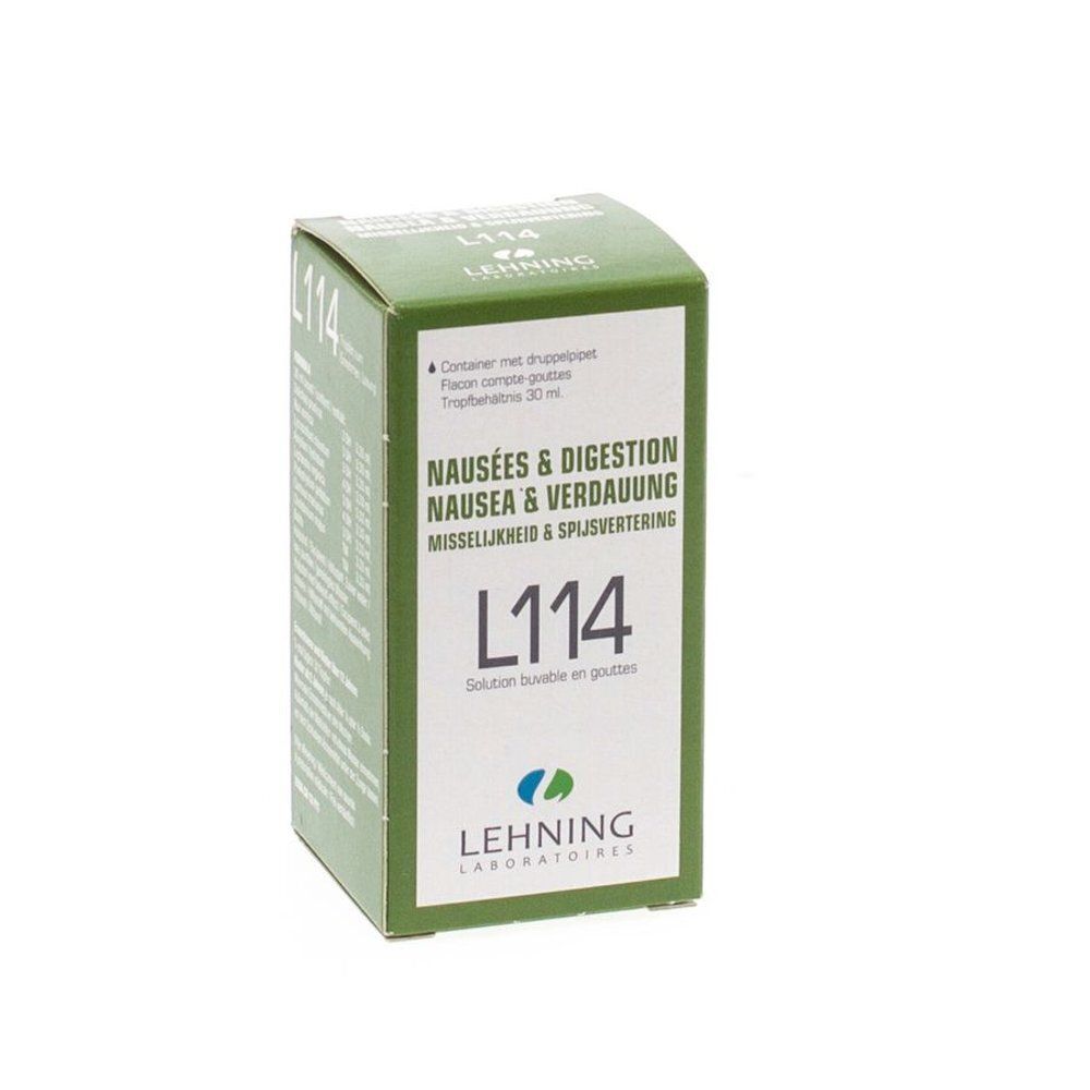 Groene doos met L114. Tekst: Misselijkheid & Spijsvertering. Merk: Lehning.
