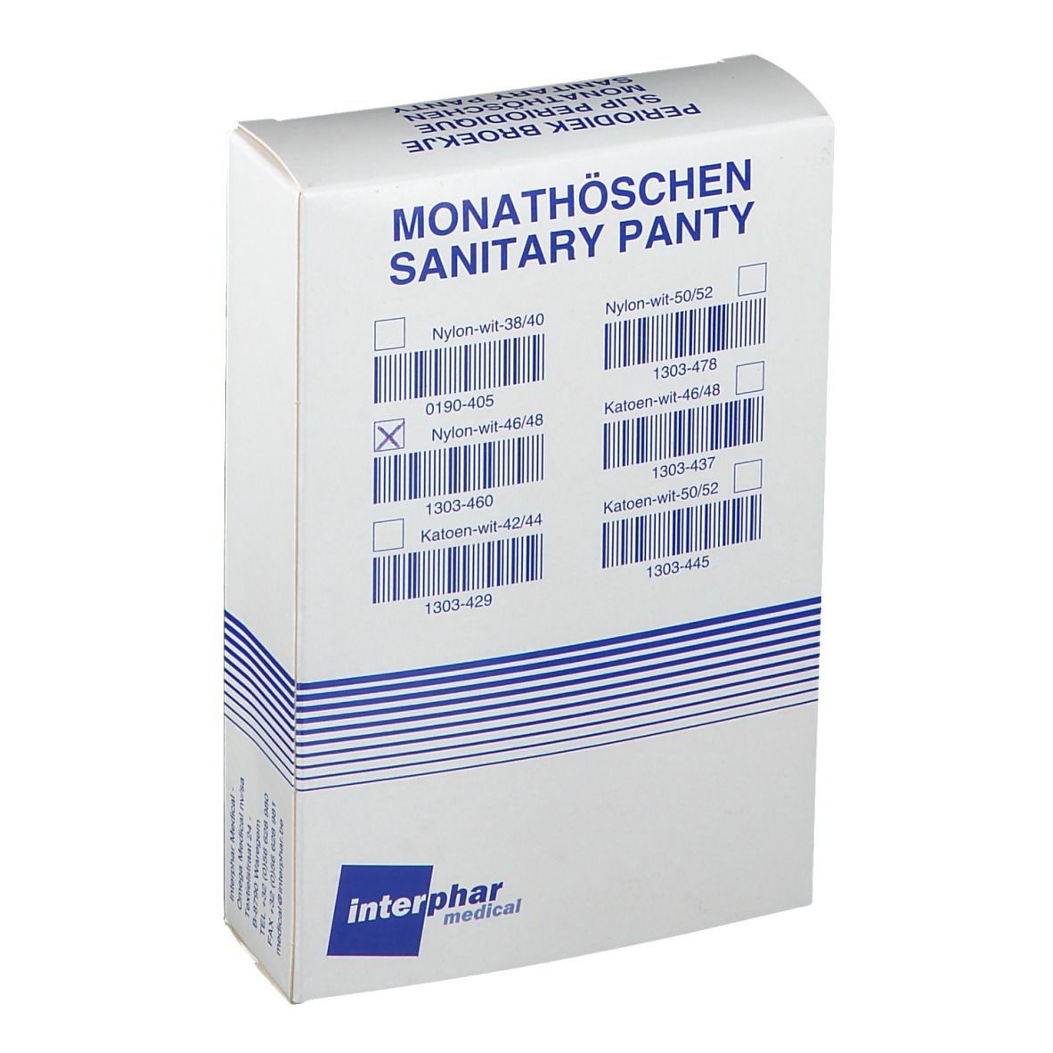 Verpakking met hygiënische slips. Merk Pharmex, witte doos met productnaam in het Duits en Nederlands. Barcodes en maten.