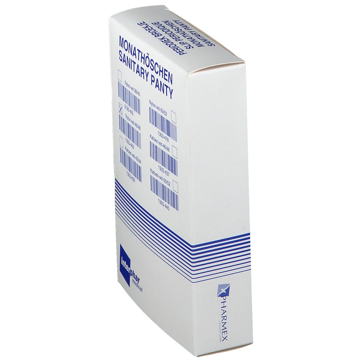Verpakking met hygiënische slips. Merk Pharmex, witte doos met productnaam in het Duits en Nederlands. Zijaanzicht.