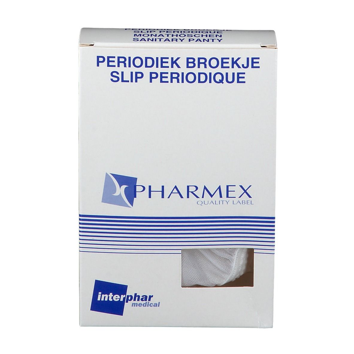 Verpakking met hygiënische slips. Merk Pharmex, witte doos met productnaam in het Nederlands en Frans. Vooraanzicht.