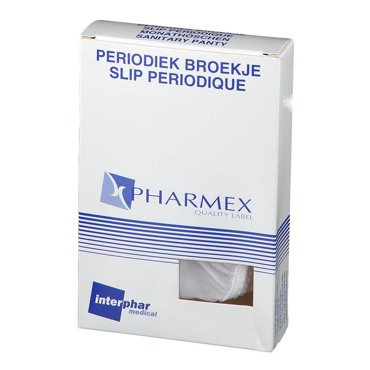 Verpakking met hygiënische slips. Merk Pharmex, witte doos met productnaam in het Nederlands en Frans. Vooraanzicht.