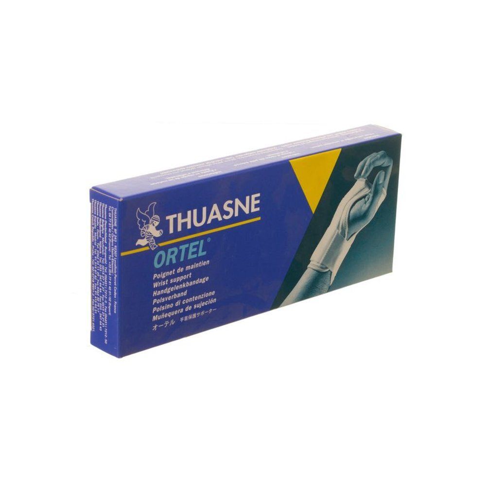 Blauwe en gele verpakking met productafbeelding. Opschrift THUASNE ORTEL, polsbrace. Meertalige productaanduidingen.
