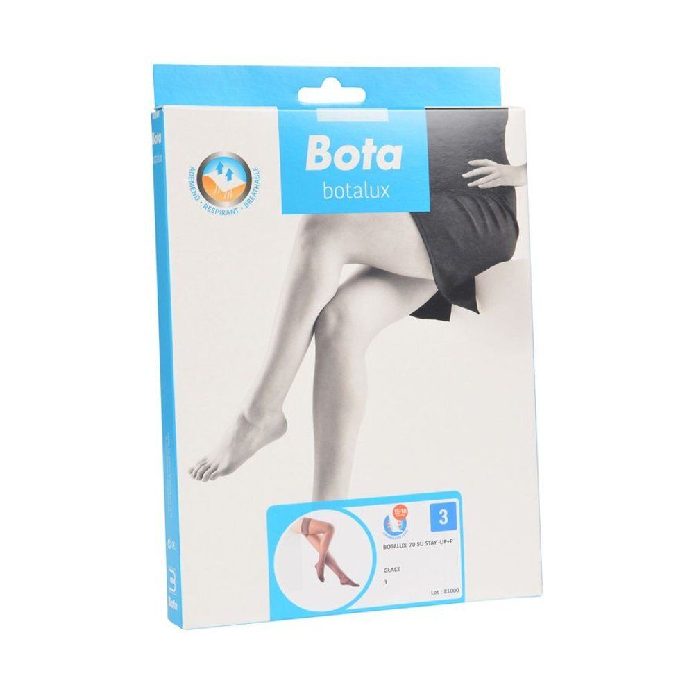 Verpakking van Botalux 70 Stay-Up Glace N3. De verpakking toont benen in panty's. De verpakking is blauw en wit.