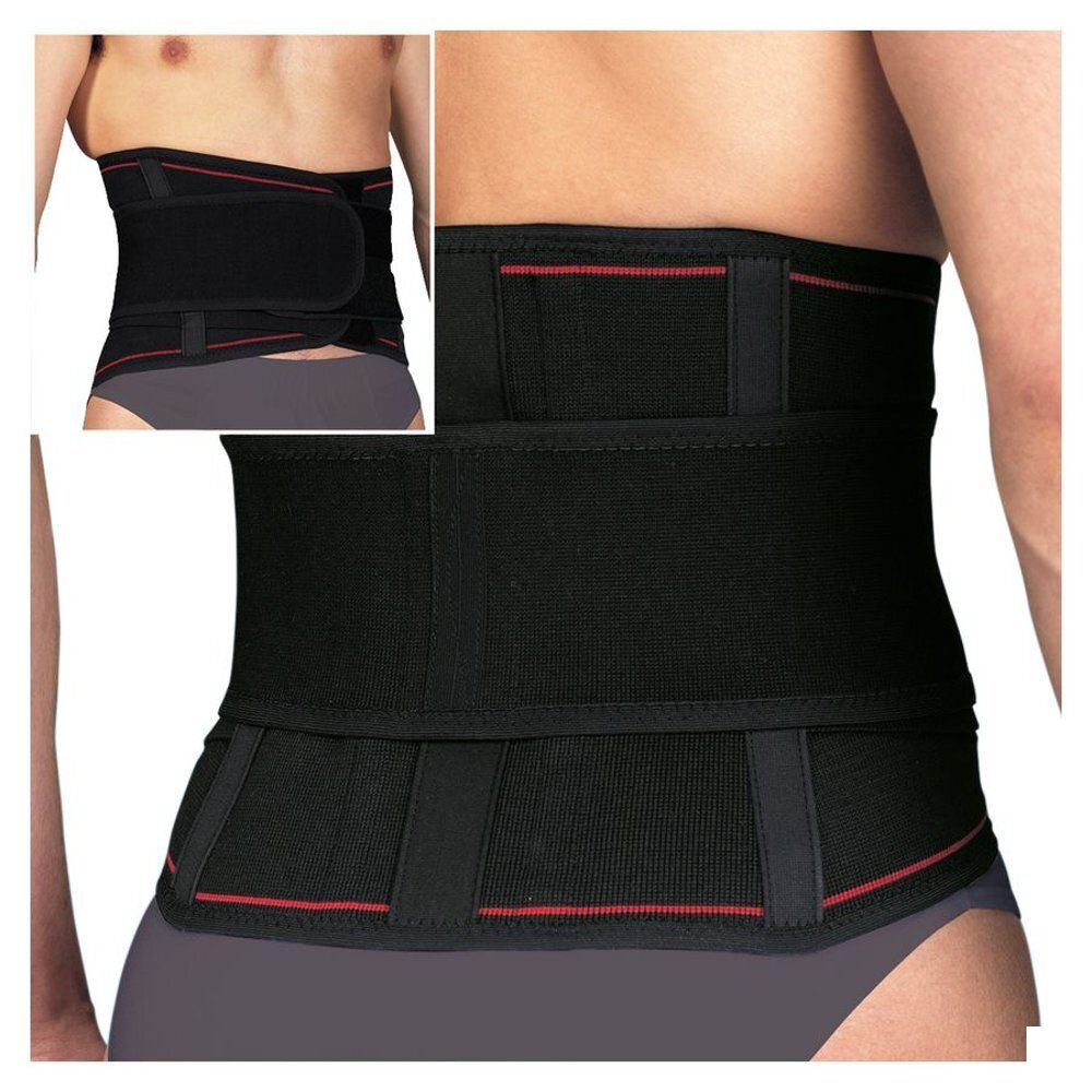 Zwarte rugsteun met rode accenten. Getoond op de torso. Extra weergave linksboven.