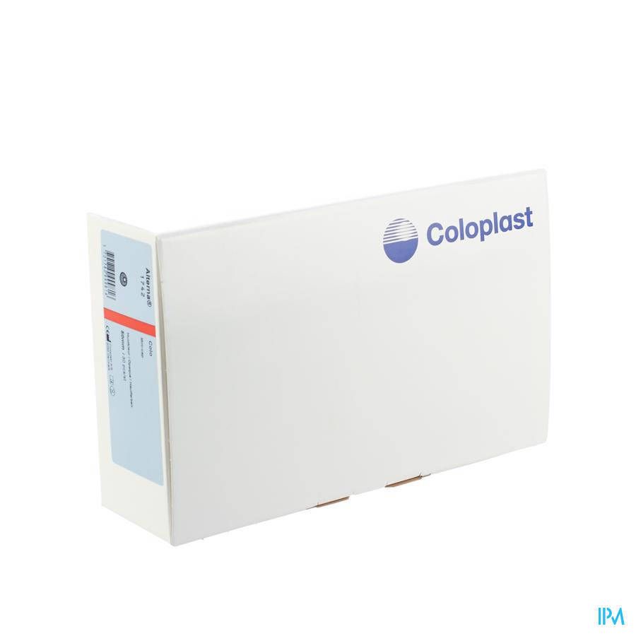 Witte doos met Coloplast-logo. Aan de zijkant een etiket met productinformatie.