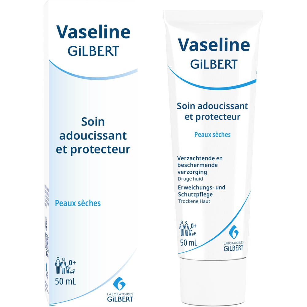 Tube en doos met opdruk. Opschrift: Vaseline GILBERT, Soin adoucissant et protecteur, Peaux sèches et sensibles. 50 ml.