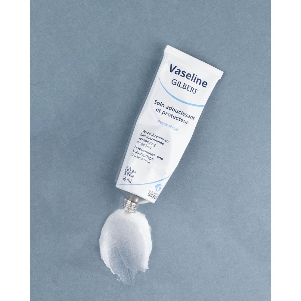Tube met opdruk. Opschrift: Vaseline GILBERT, Soin adoucissant et protecteur, Peaux sèches. 50 ml. Product op achtergrond.