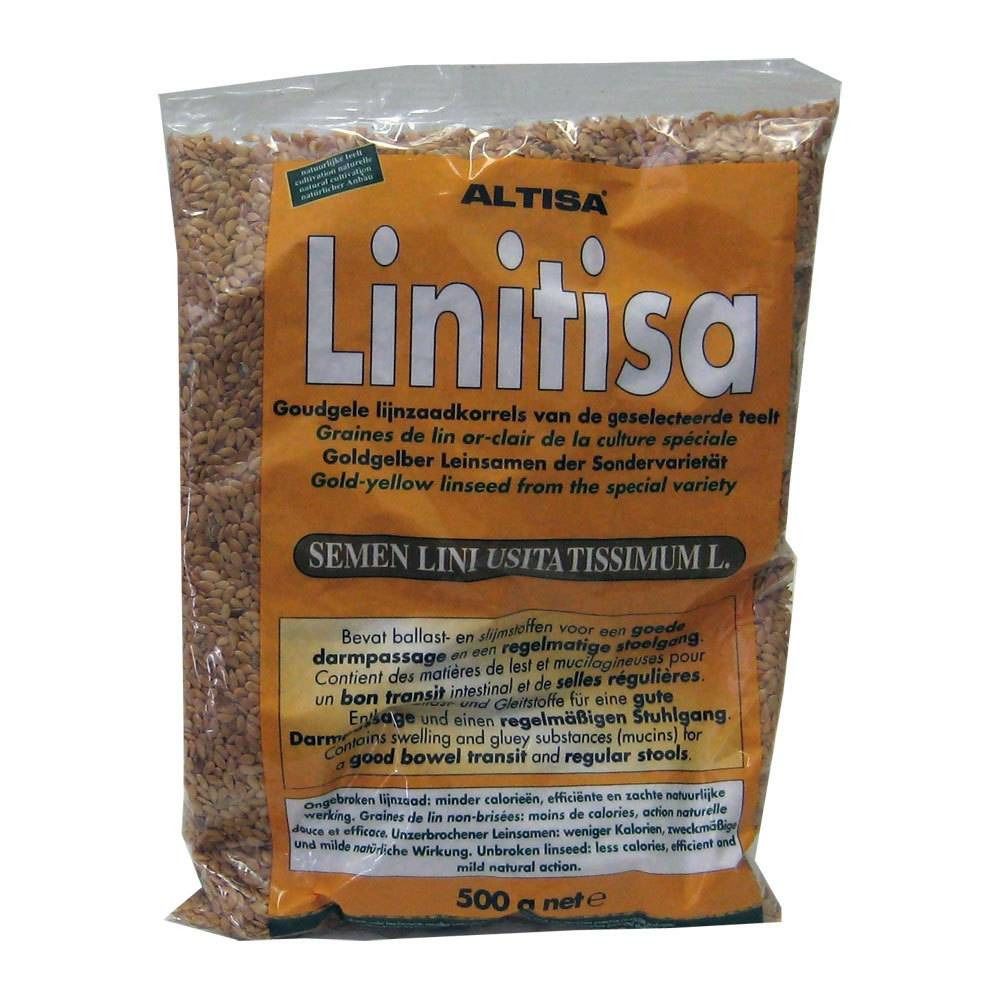 Zakje Altisa Linitisa lijnzaad. Meertalige tekst. Netto 500 g. Goudgele lijnzaadkorrels.