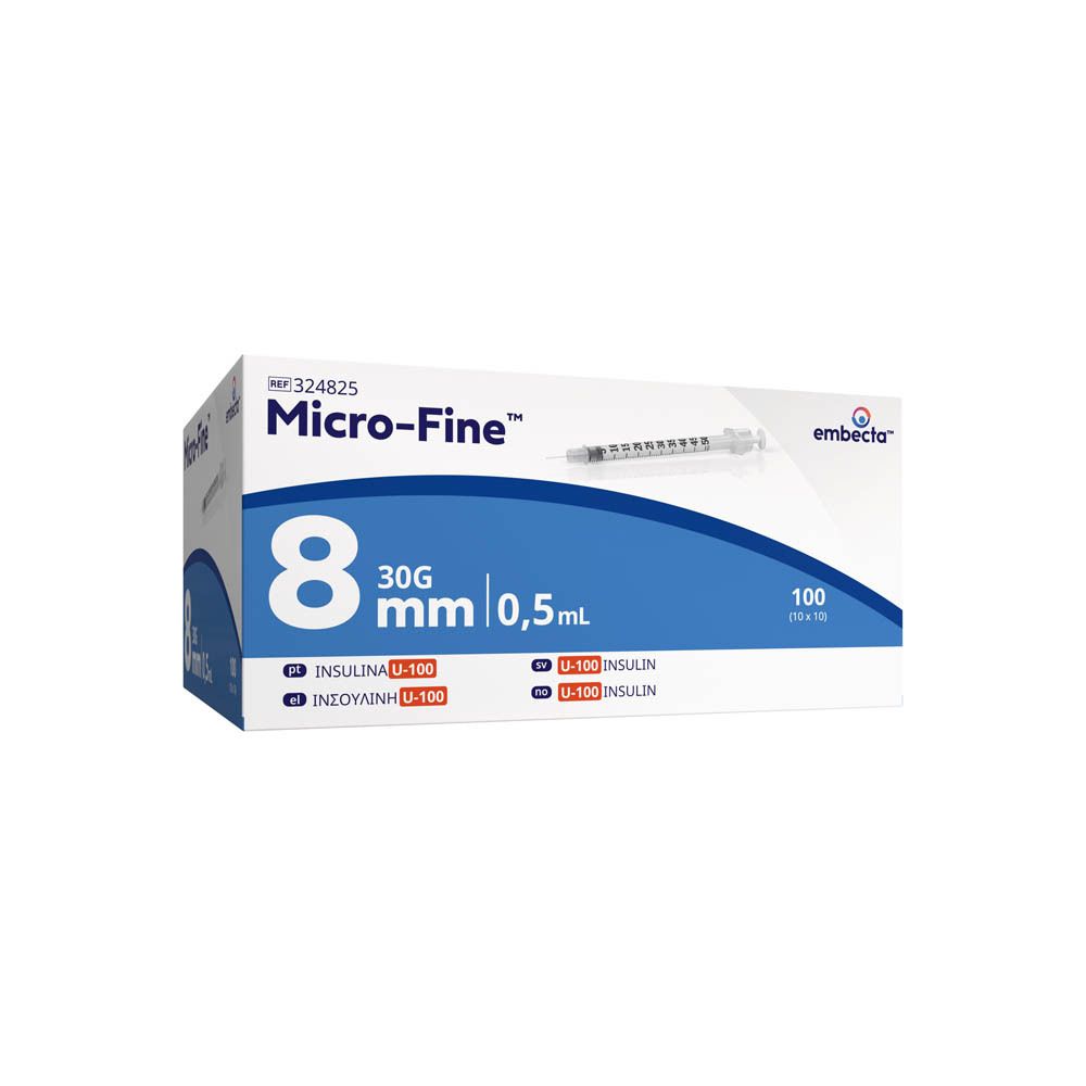 Verpakking van BD Micro-Fine + 0,5 ml. Doos met productafbeelding, volume en productnaam.