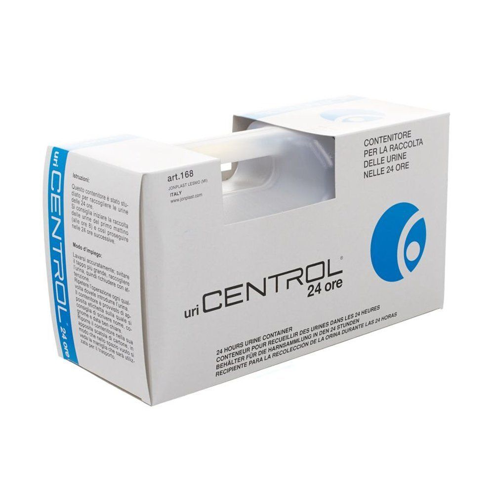 Boîte blanche avec le nom du produit « uri CENTROL 24 ore ». Graphique bleu. Texte : « CONTENITORE PER LA RACCOLTA DELLE URINE NELLE 24 ORE ».