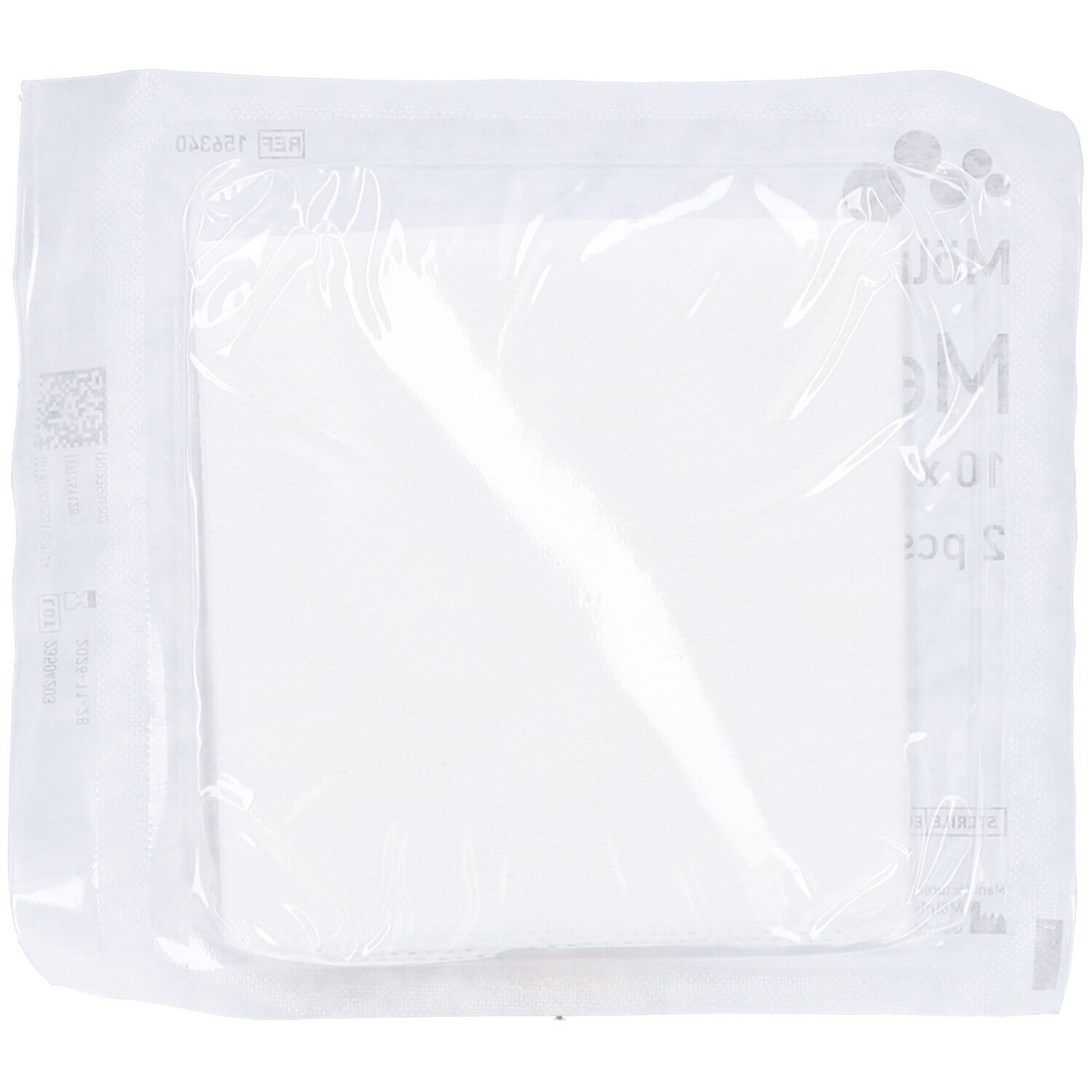 Compresse Mesoft carrée blanche dans un emballage transparent. Produit scellé dans du plastique.