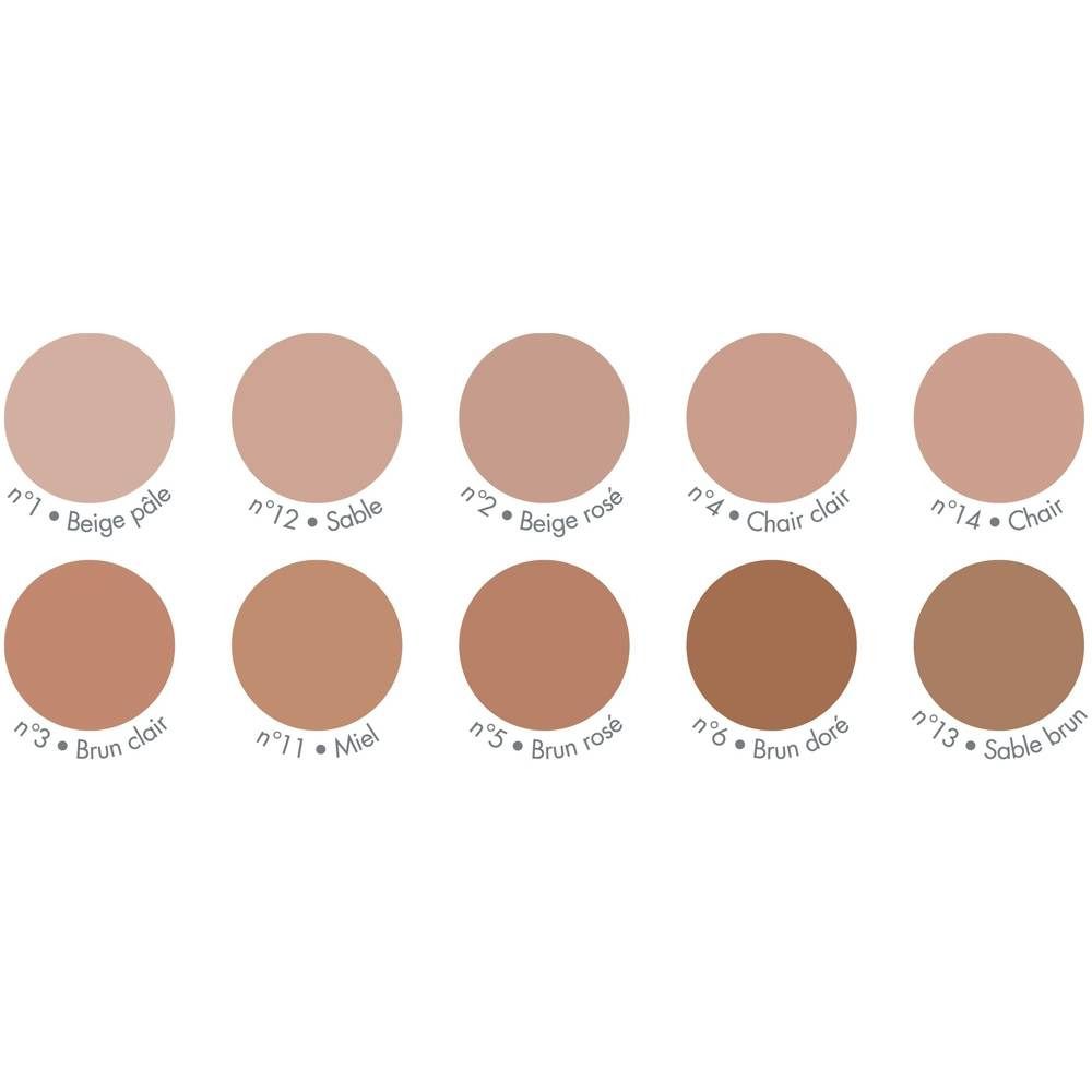 Kleurenpalet met 10 ronde kleurmonsters. Labels met nummers en kleurnamen.