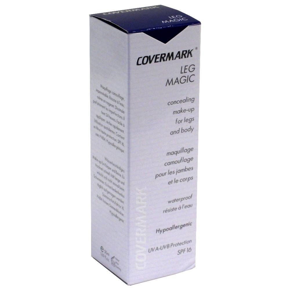 Witte doos met blauwe bovenkant. Opschrift Covermark Leg Magic. Tekst: Concealing make-up for legs and body.