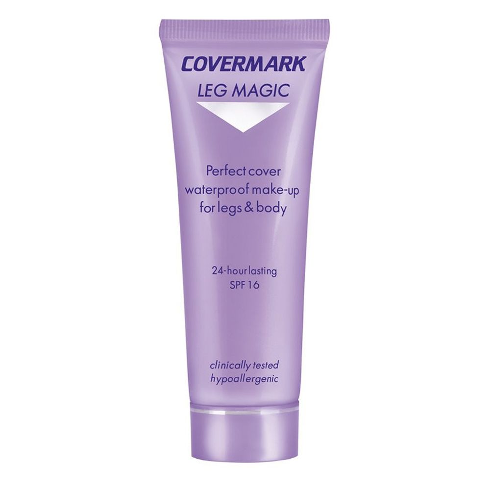 Tube Covermark Leg Magic. Texte: Perfect cover waterproof make-up for legs & body. 24-hour lasting SPF 16. Hypoallergénique.