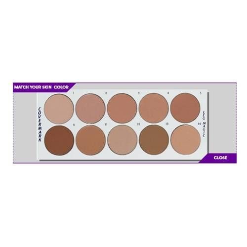 Palette de 10 teintes Covermark Leg Magic. Texte: Match your skin color. Close.