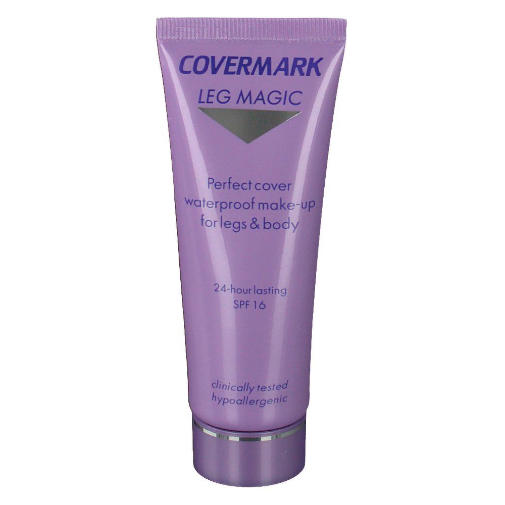 Lila tube Covermark Leg Magic. Tekst: Perfect cover waterproof make-up for legs & body, SPF 16. Klinisch getest.