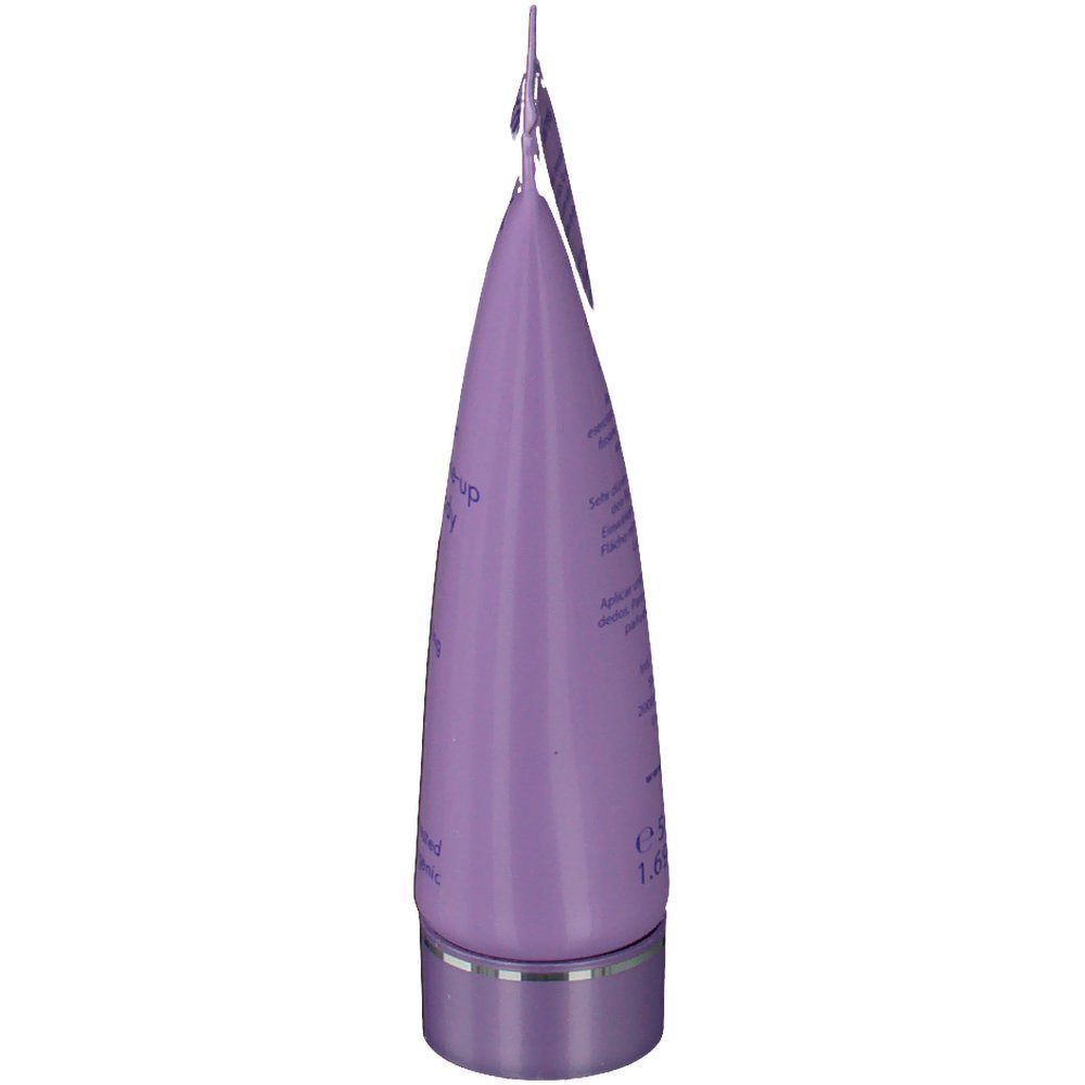 Zijaanzicht van de lila tube Covermark Leg Magic. Bedrukking zichtbaar. Zilveren sluiting.