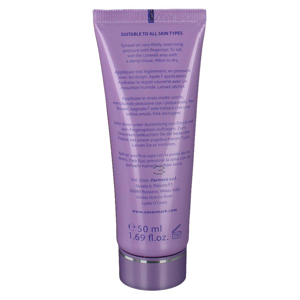Achterkant van de lila tube Covermark Leg Magic. Tekst: Suitable to all skin types. 50 ml, 1.69 fl.oz.