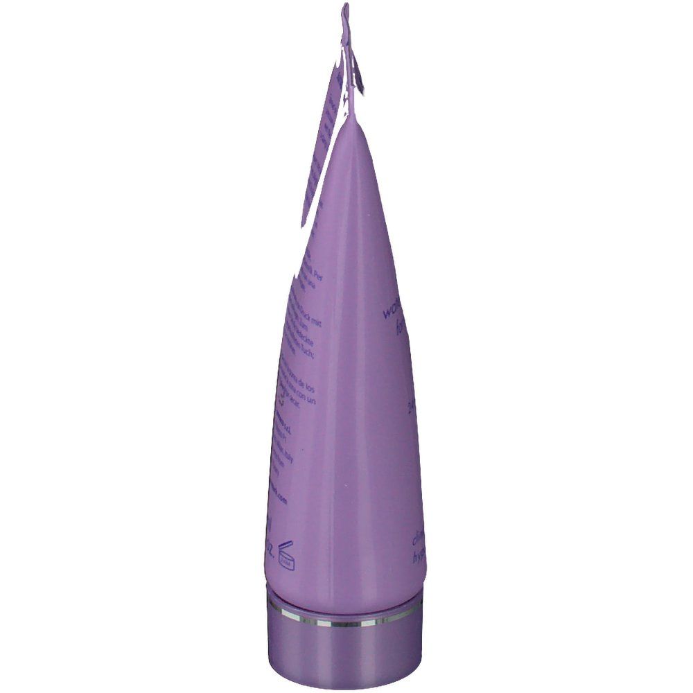 Zijaanzicht van de lila tube Covermark Leg Magic. Bedrukking zichtbaar. Zilveren sluiting.