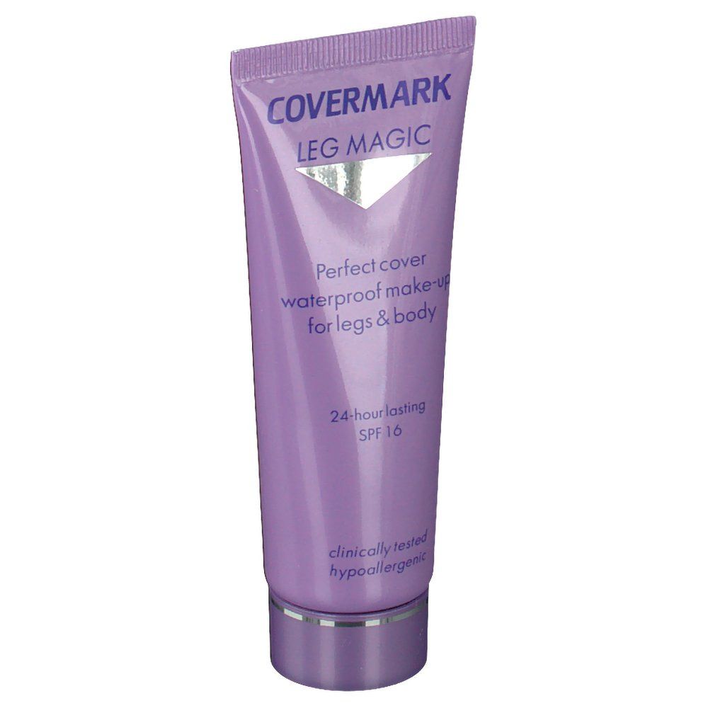 Lila tube Covermark Leg Magic. Tekst: Perfect cover waterproof make-up for legs & body, SPF 16. Klinisch getest.
