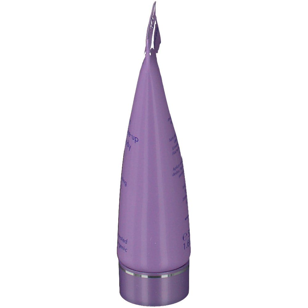 Paarse tube, schuin van opzij gezien. Zilverkleurige sluiting. Tekst in meerdere talen.