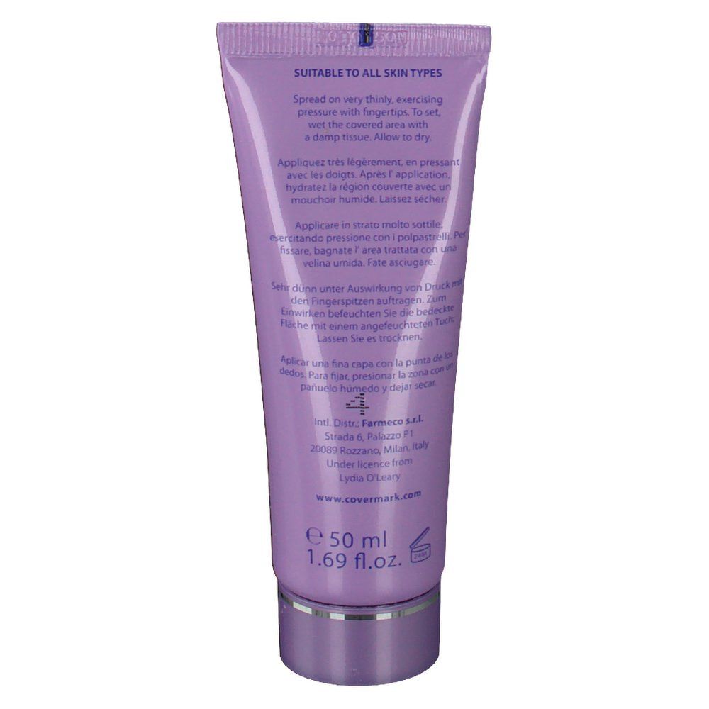 Achterkant van een paarse tube. Meertalige tekst, waaronder 'COVERMARK' en '4'.