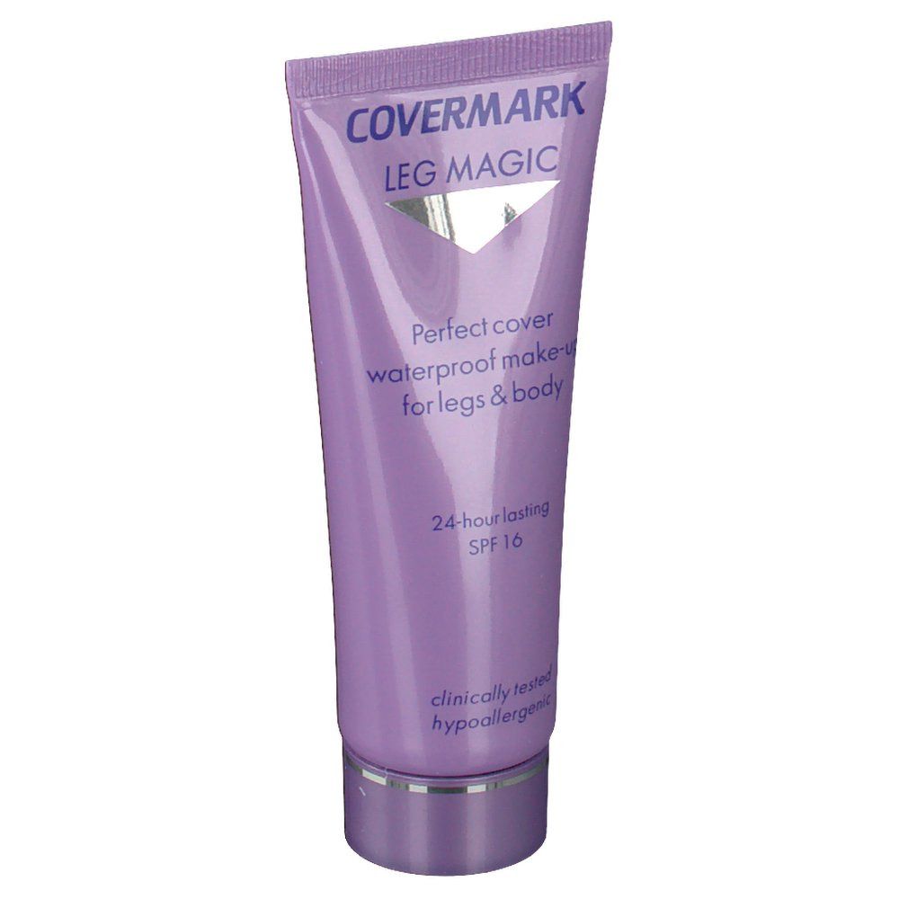 Paarse tube met tekst: 'COVERMARK LEG MAGIC'. 'Perfect cover waterproof make-up for legs & body'.