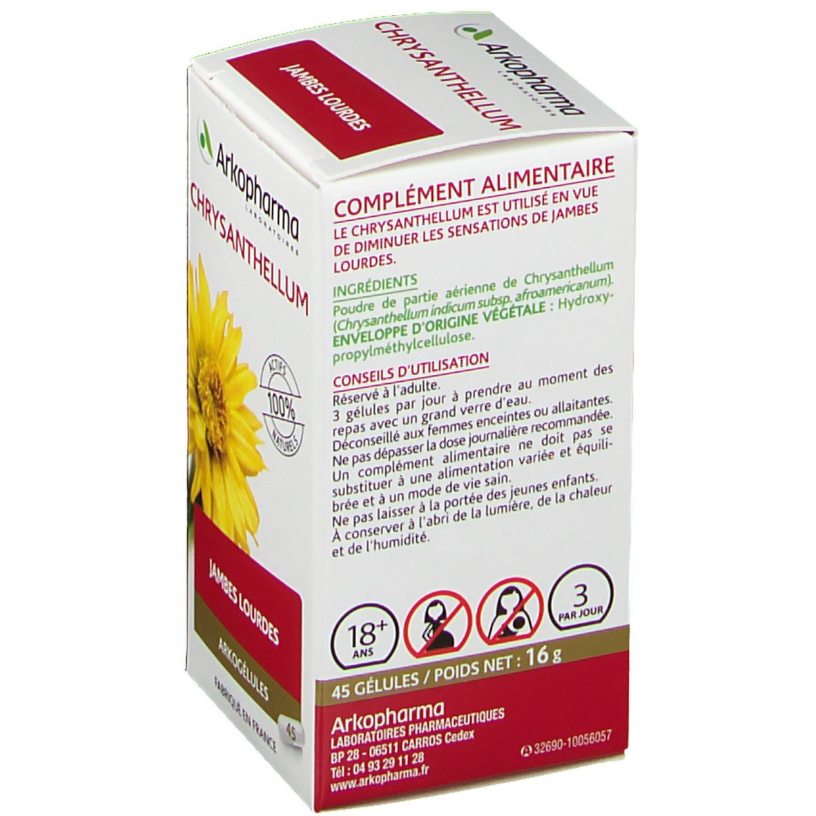Achterkant van de verpakking Arkopharma Chrysanthellum. Informatie over ingrediënten en gebruik. 45 capsules.