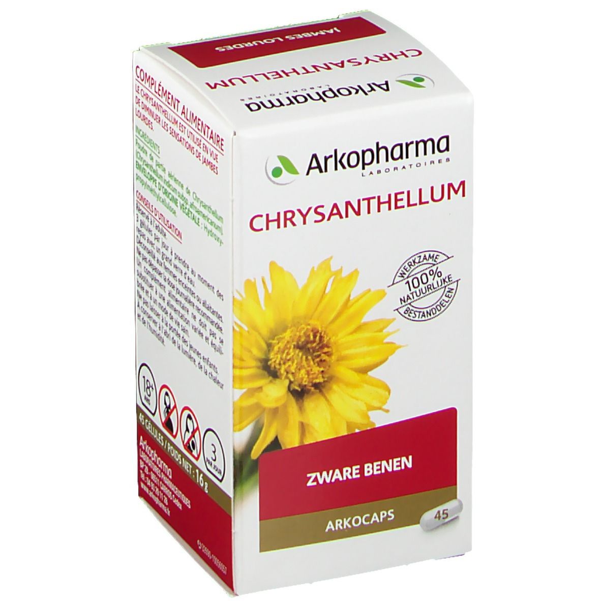 Doos Arkopharma Chrysanthellum. Opschrift: Zware benen. Bevat 45 capsules. Actief 100% natuurlijk.
