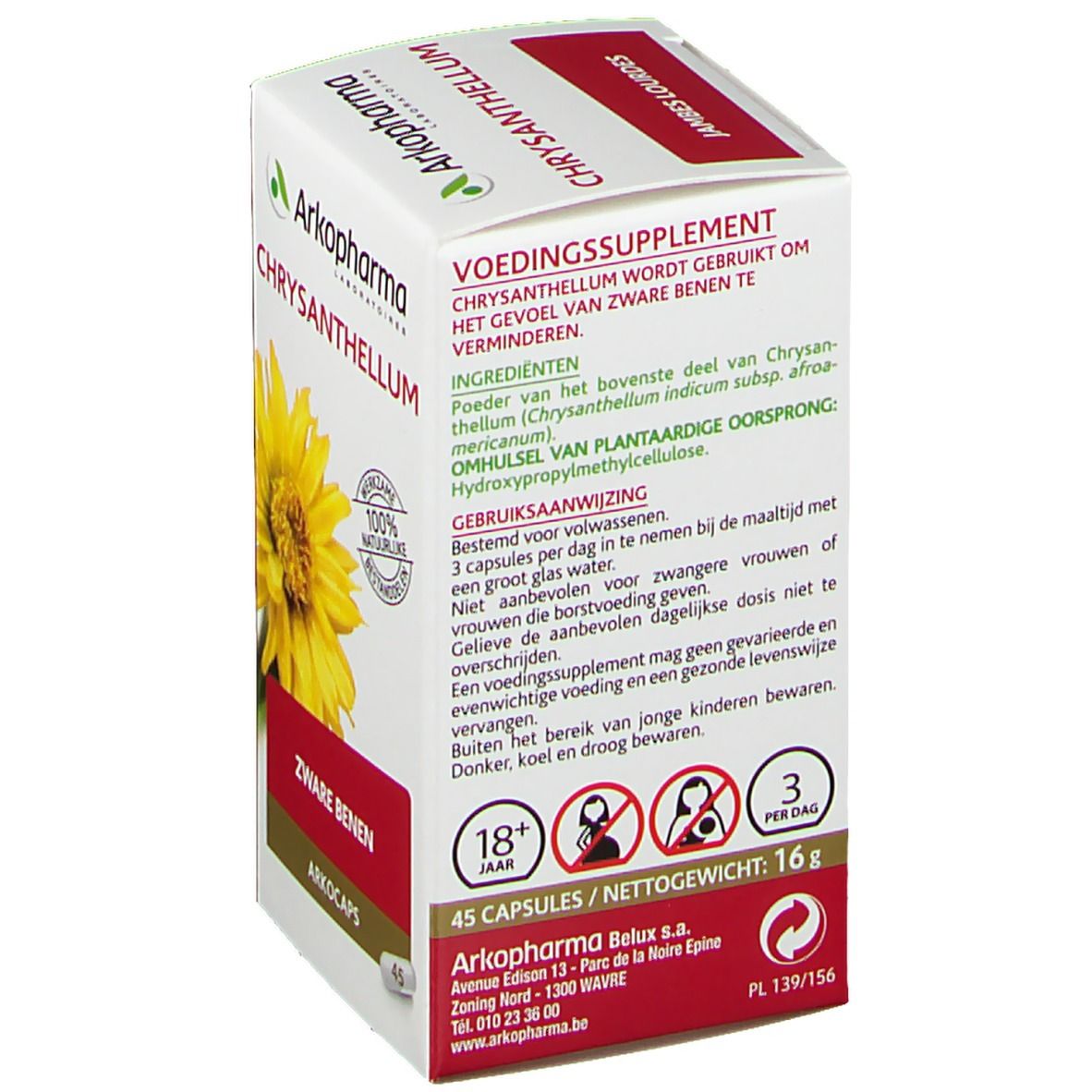 Achterkant van de verpakking Arkopharma Chrysanthellum. Informatie over ingrediënten en gebruik. 45 capsules.