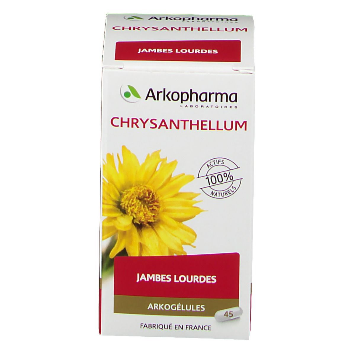 Doos Arkopharma Chrysanthellum. Opschrift: Jambes Lourdes. Bevat 45 capsules. Gemaakt in Frankrijk.