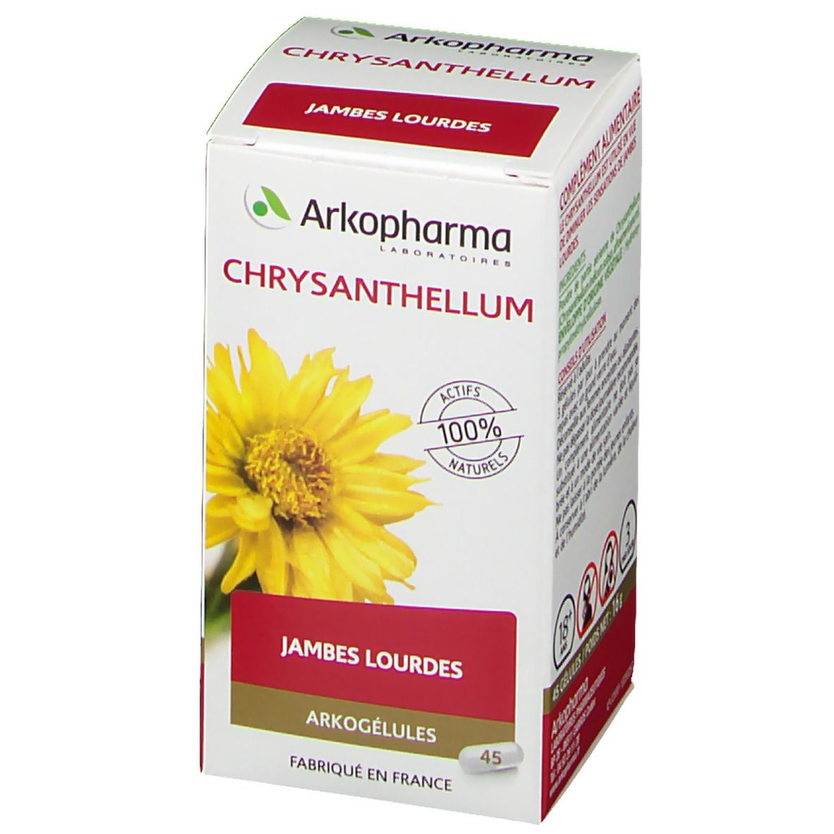 Doos Arkopharma Chrysanthellum. Informatie over ingrediënten en gebruik. 45 capsules. Gemaakt in Frankrijk.