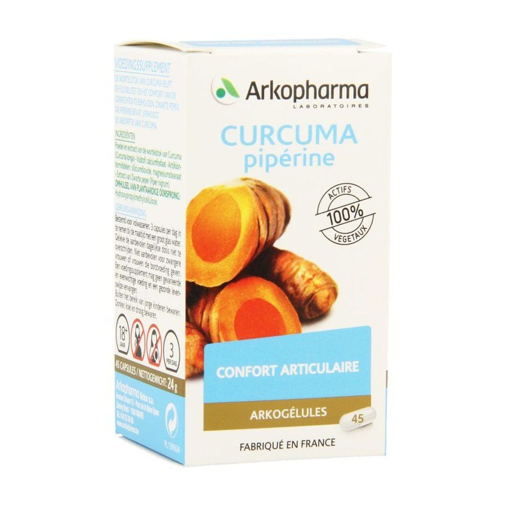 Boîte Arkopharma Curcuma pipérine. Image de rhizomes de curcuma coupés. Texte: Confort articulaire, Arkogélules, 100% végétal.