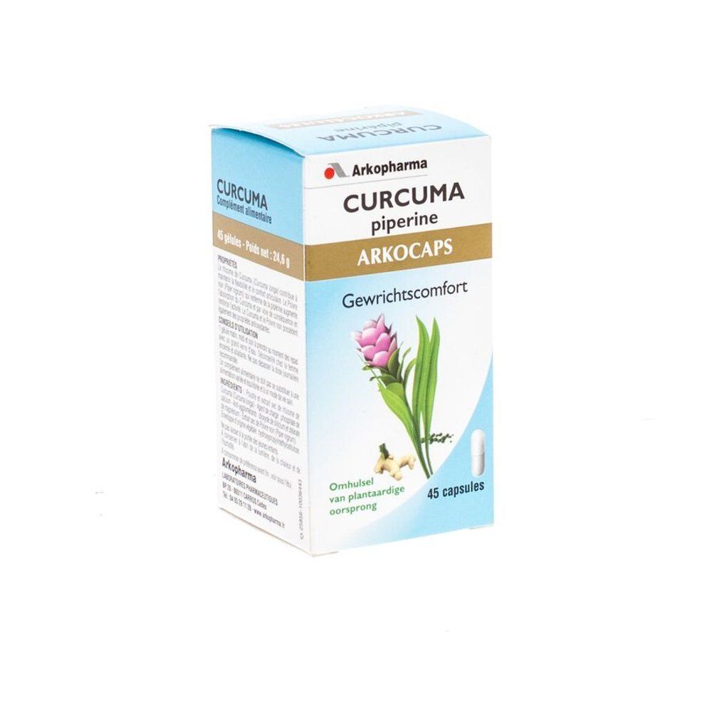 Doosje Arkopharma Curcuma piperine. Afbeelding van kurkuma wortels. Tekst: Gewrichtscomfort, Arkocaps, 100% plantaardig.