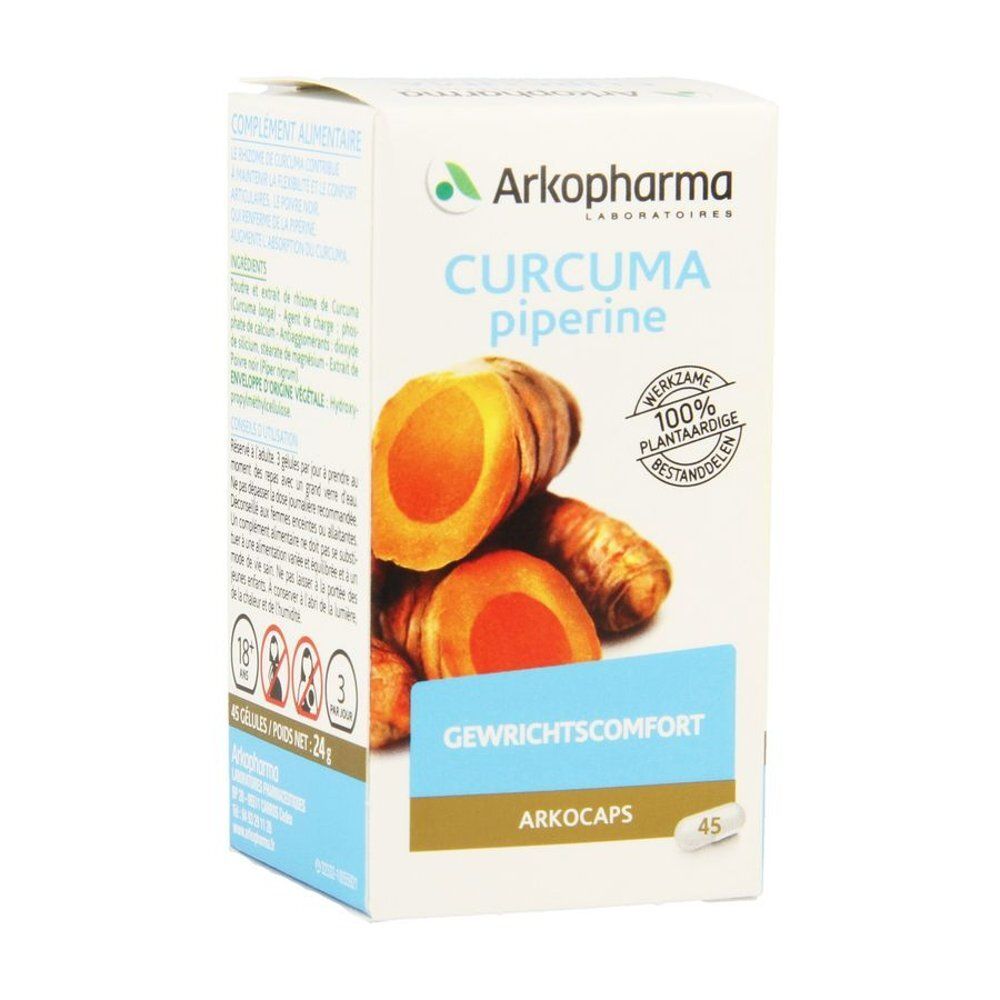 Doosje Arkopharma Curcuma piperine. Afbeelding van kurkuma wortels. Tekst: Gewrichtscomfort, Arkocaps, 100% plantaardig.