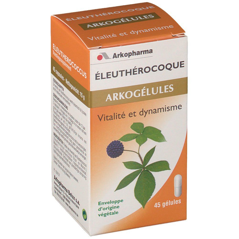 Oranje doos Arkogélules, 45 capsules. Opschrift: ÉLEUTHÉROCOQUE, Vitalité et dynamisme. Plantaardige capsule.