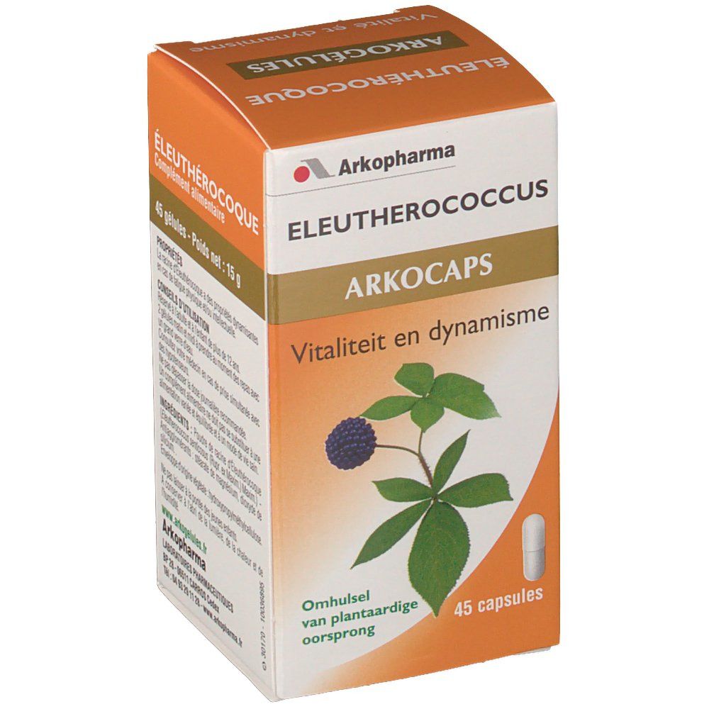 Oranje doos Arkocaps, 45 capsules. Opschrift: ÉLEUTHÉROCOQUE, Vitalité en dynamisme. Plantaardige capsule.