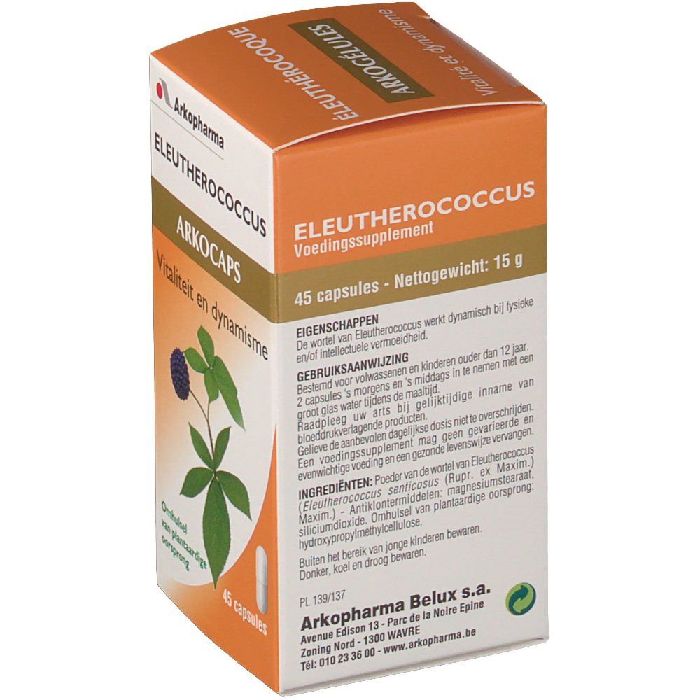 Oranje doos Arkocaps, 45 capsules. Opschrift: ÉLEUTHÉROCOQUE, Vitaliteit en dynamiek. Voedingssupplement.