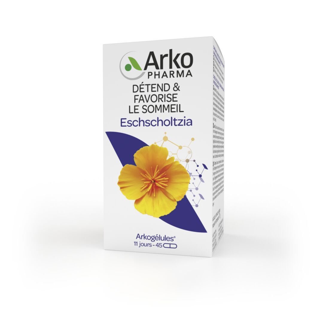 Boîte blanche Arkopharma avec fleur jaune et texte: Détend & favorise le sommeil Eschscholtzia. Arkogélules, 11 jours-45 gélules.