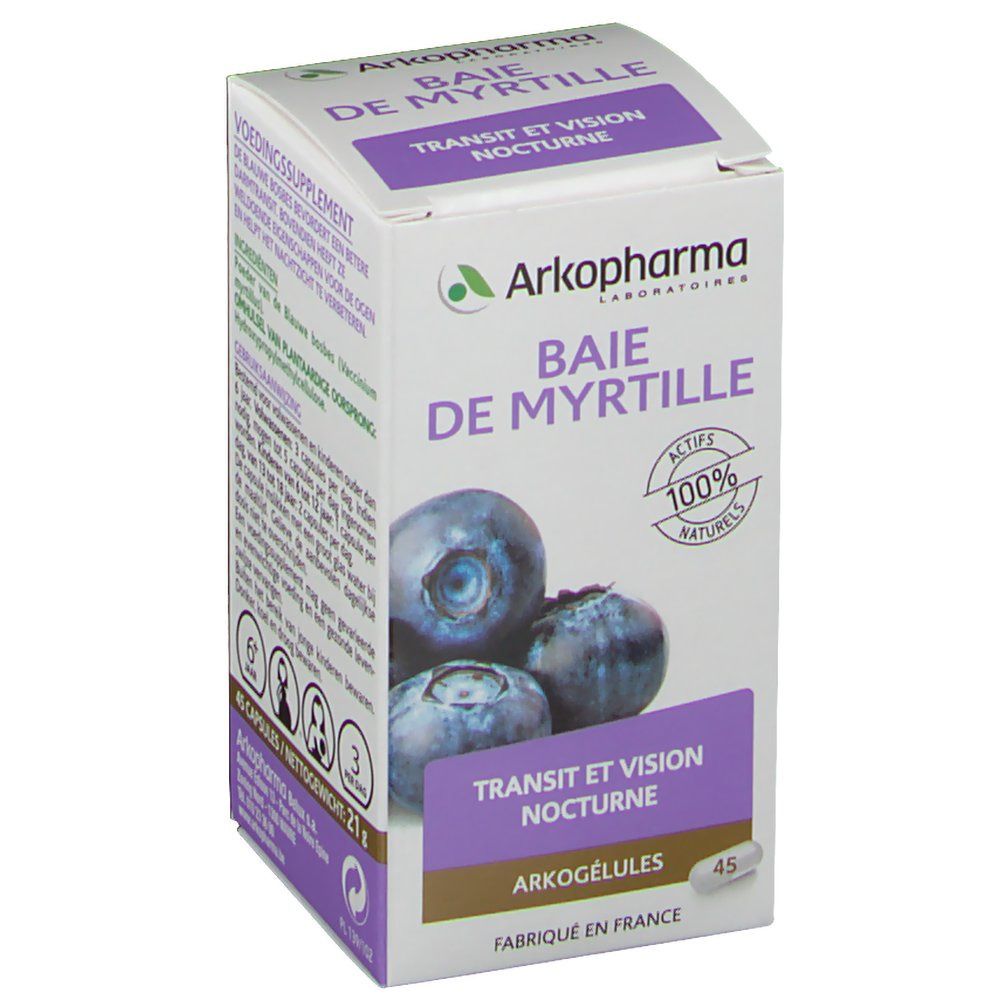 Doosje Arkocaps Baie de Myrtille. Opschriften: Transit et Vision Nocturne, Arkopharma, 100% Naturel. Bevat 45 capsules.