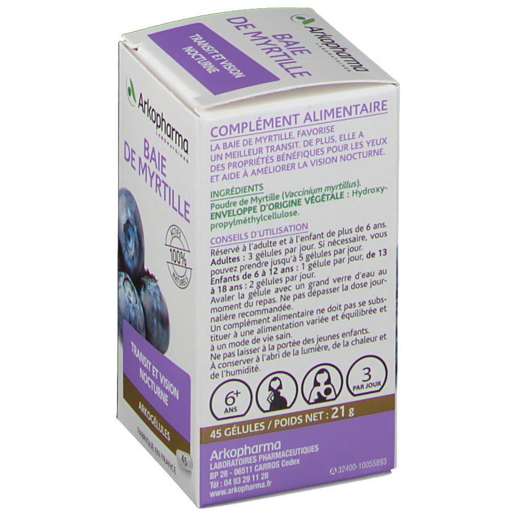 Achterkant doosje Arkocaps Baie de Myrtille. Tekst: Baie de Myrtille, ingrediënten, gebruiksaanwijzing, 45 capsules, 21g, Arkopharma.