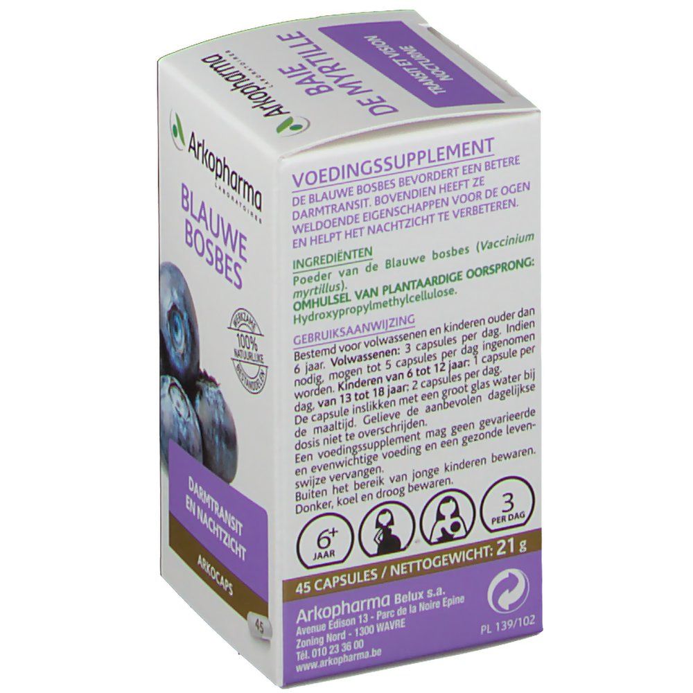 Achterkant doosje Arkocaps Blauwe Bosbessen. Tekst: Blauwe Bosbessen, ingrediënten, gebruiksaanwijzing, 45 capsules, 21g, Arkopharma.
