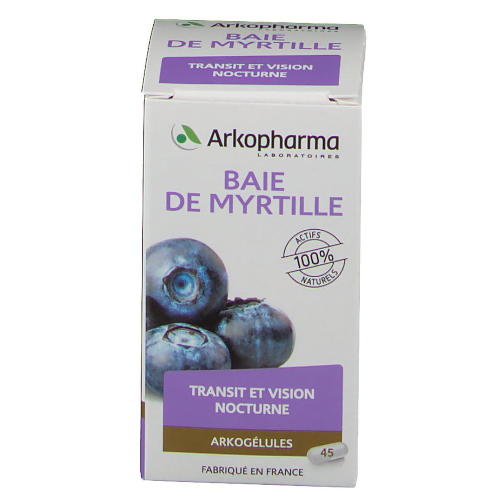 Voorkant doosje Arkocaps Baie de Myrtille. Opschriften: Transit et Vision Nocturne, Arkopharma, 100% Naturel. Bevat 45 capsules.